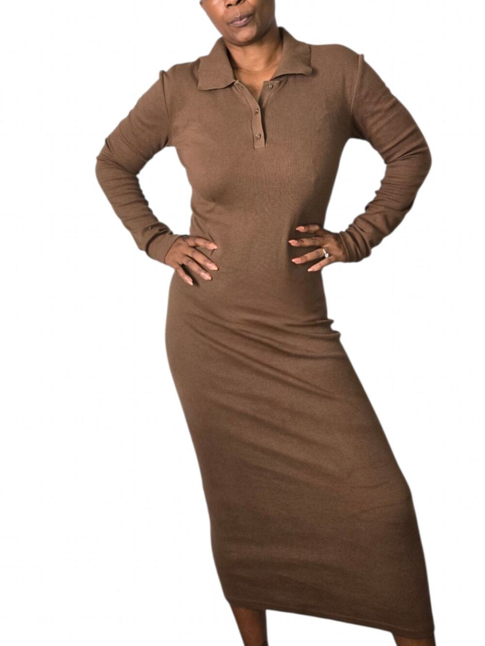 Pam Gela Brown Ribbed Knit Polo Collar Shirt Maxi Dress Long Sleeve Column Large